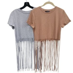 Quzu Fringe Hem Crop T-Shirts in Gray and Light Brown Size Medium/Small Bundle